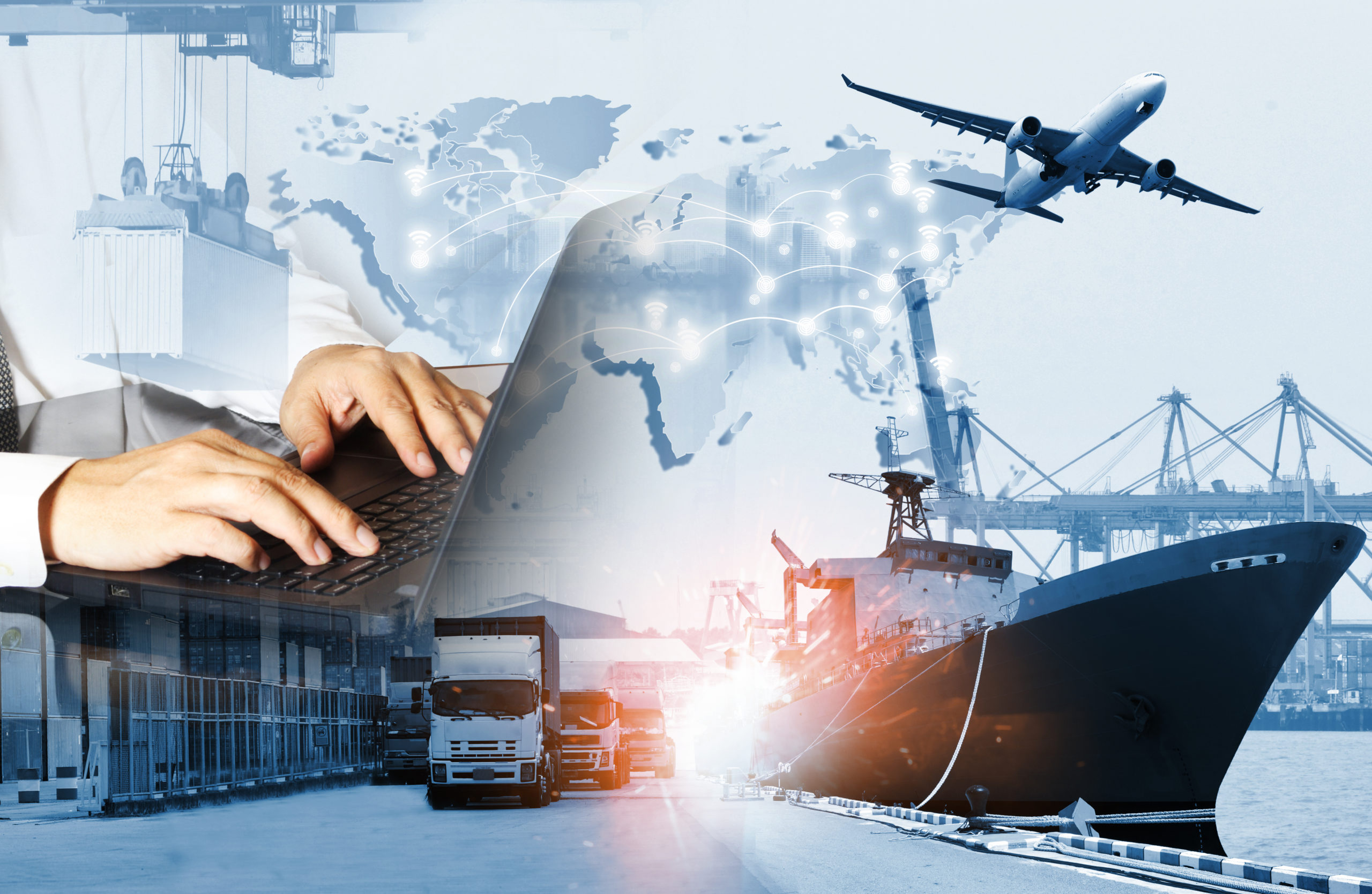 The world logistics background or transportation Industry or shipping business, Container Cargo shipment , truck delivery, airplane , import export Concept